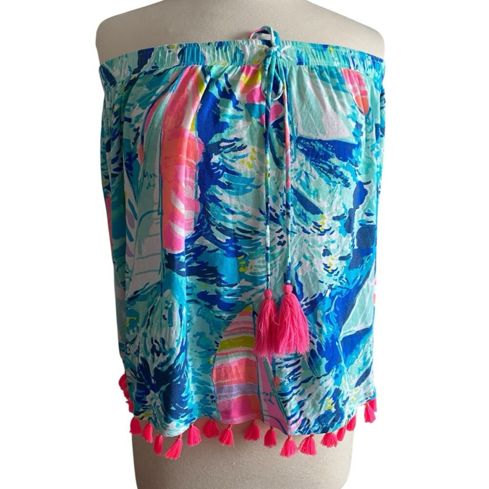 Lilly Pulitzer Off-Shoulder Tassel Top in Turquoise, Blue & Hot Pink